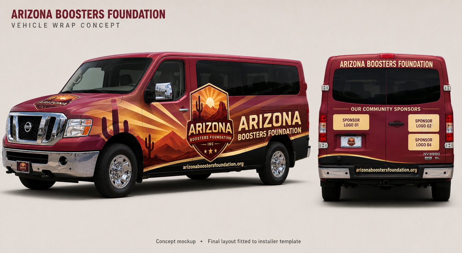 Arizona Boosters Foundation vehicle wrap concept — Nissan NV3500 passenger van